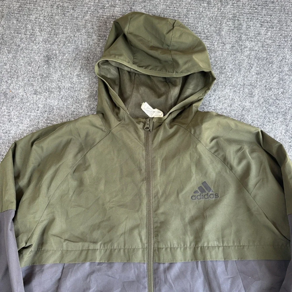 Adidas Mens Windbreaker Jacket Olive Green Grey Hooded Full Zip Medium 3442
